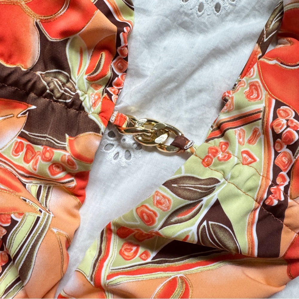Tropical Floral Cutout One Piece Swimsuit Orange & Brown Halter Tie, Cheeky Fit - Picture 9 of 12